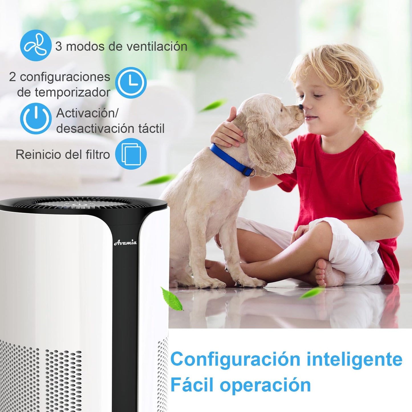 Avamia Purificador de Aire para Habitaciones Grandes de hasta 100 ㎡, Purificador HEPA H14 para Dormitorios y Dueños de Mascotas, Filtro Compacto para Polvo, Humo, Pelos de Mascotas, Caspa y Polen