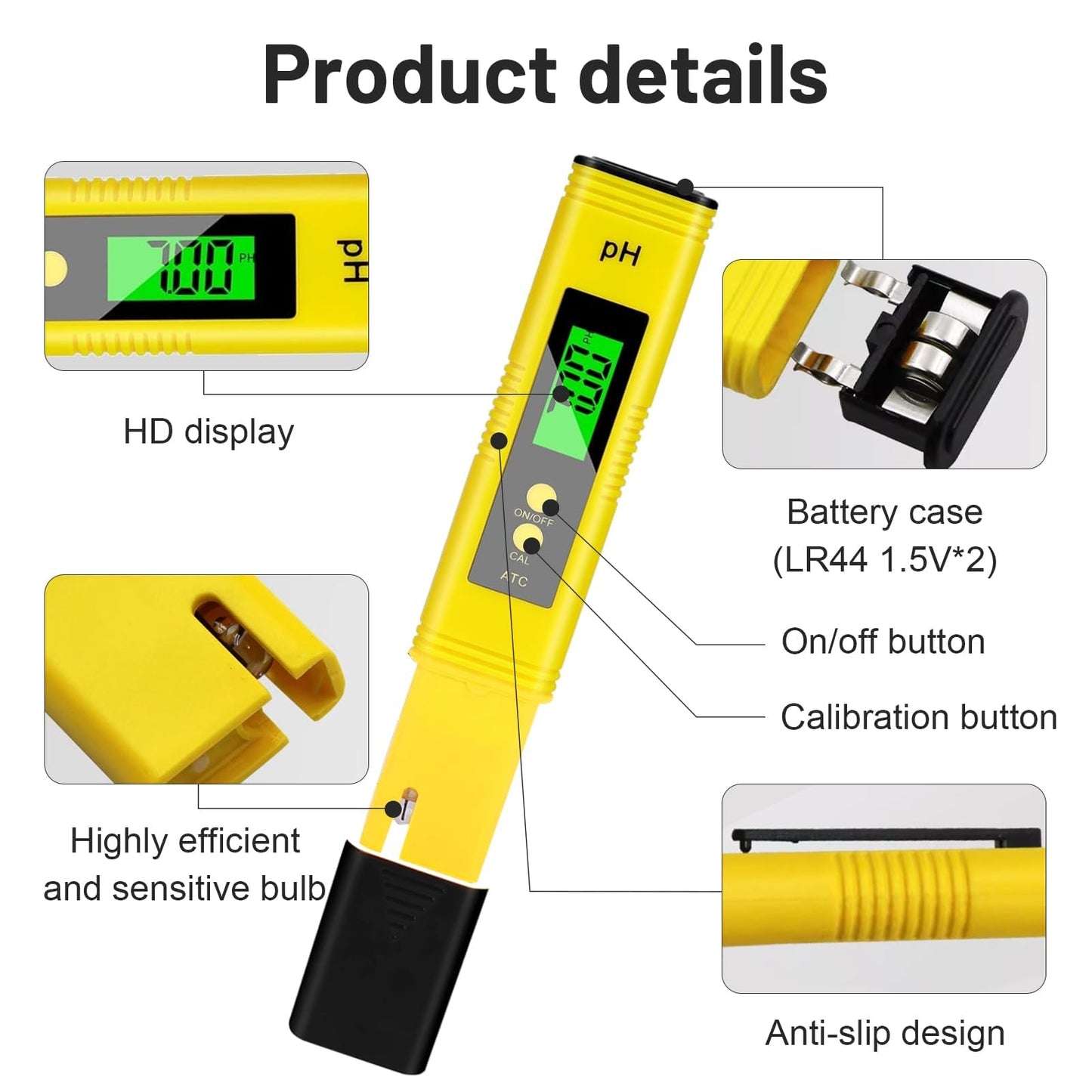Medidor PH Tester Medidor Digital de PH 0-14 Medidor de Digital Medición de PH Pantalla Digital Alta Precisión de 0,01 Auto Calibración Pantalla LCD para Piscinas Acuario Laboratorio Amarillo