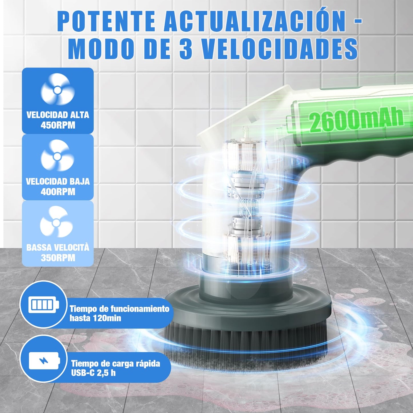 Cepillo Eléctrico Limpieza Hogar, [Pantalla de Batería] [Impermeable IPX8] Homtronics Cepillo Limpieza con 7 Cabezales, Cepillo de Limpieza para Limpiar Superficies de Cocina, Utensilios