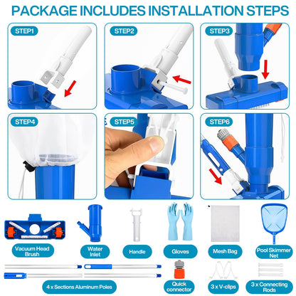 ZQEJEFD Aspirador de Piscina, Aspiradoras de Mano para Piscinas con 4 Postes de Aluminio Extraíbles y Skimmers para Piscinas, Kit de Limpieza Piscina para Bañera de Hidromasaje de Fuente de Piscina