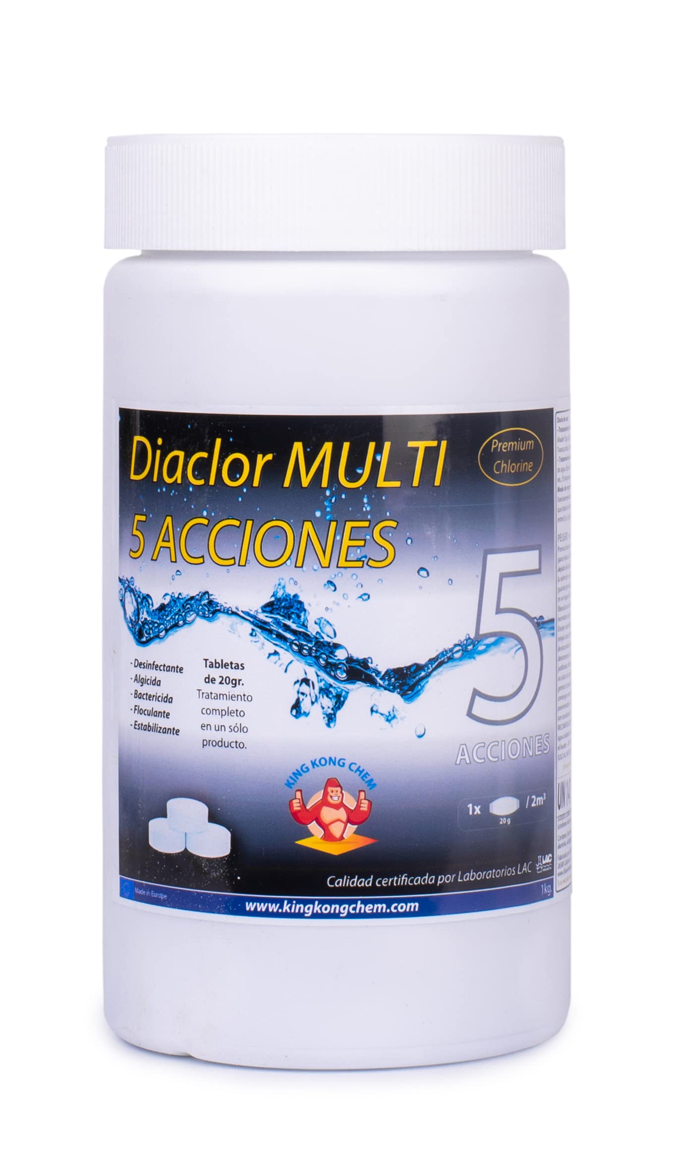 Kit Cloro Piscinas Pequeñas DIACLOR Multi 5 ACCIONES 1 KG (Pastillas 20 GR) SIN Cobre + DOSIFICADOR + TERMÓMETRO
