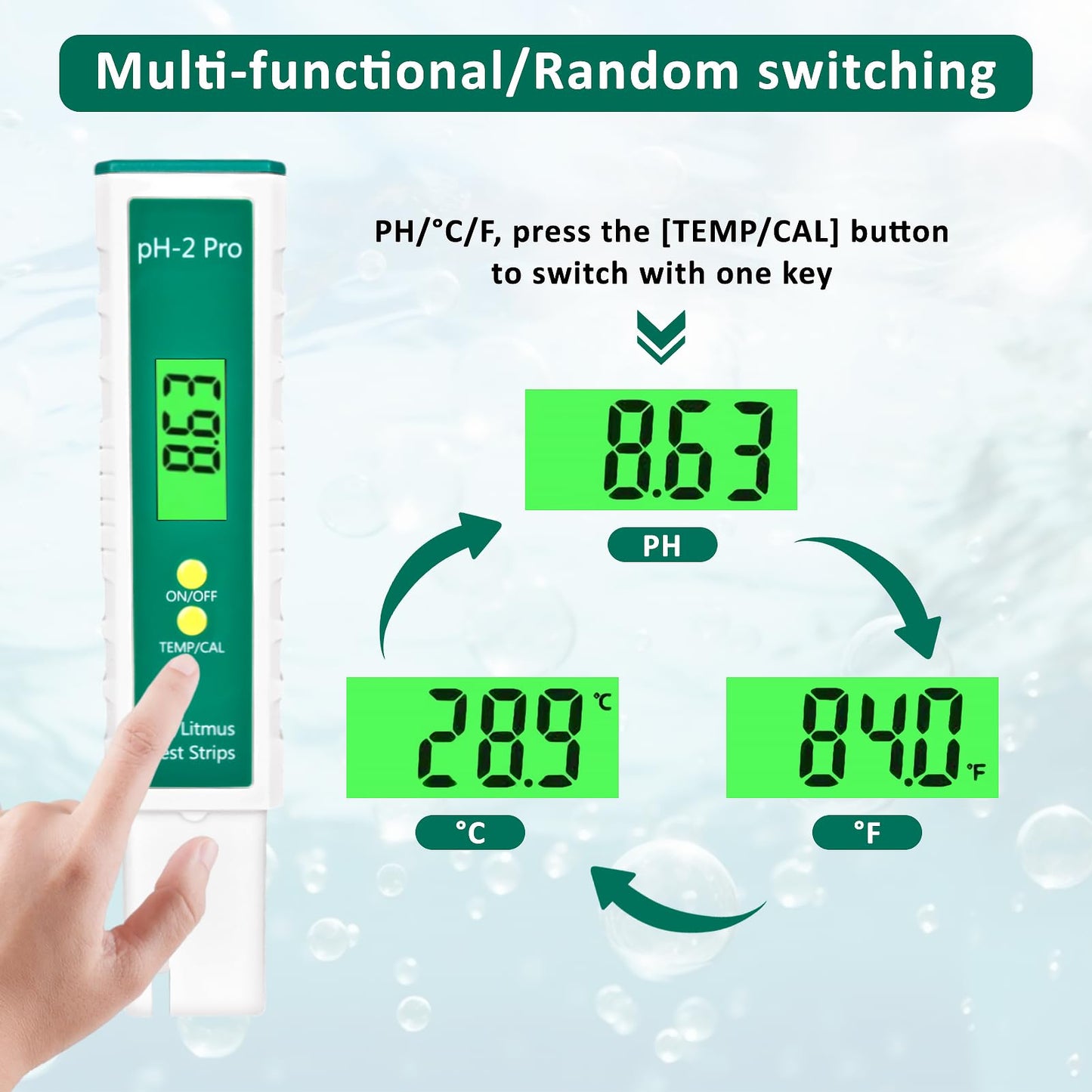 Homcoice Medidor pH con Temperatura y Función de Tira Reactiva Tornasol, Test Temperatura pH 0.01 de alta precisión, Medidor Valor pH con función ATC para piscina, hidroponía, acuario, piscinas