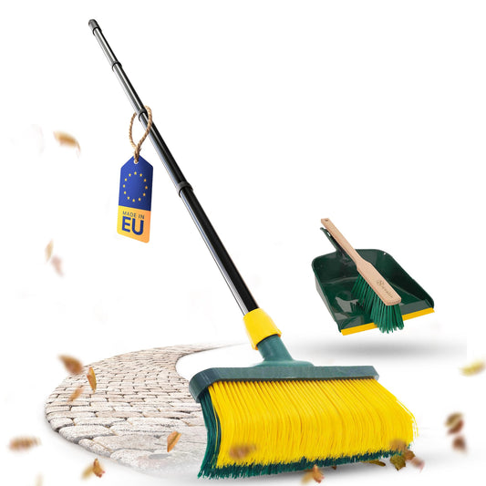 Novaliv Escoba premium con mango de 40 cm, incluye recogedor para exteriores, cepillo especial de cerdas curvas, ideal como escoba de jardín, escoba rascadora, escoba de césped artificial, ideal para