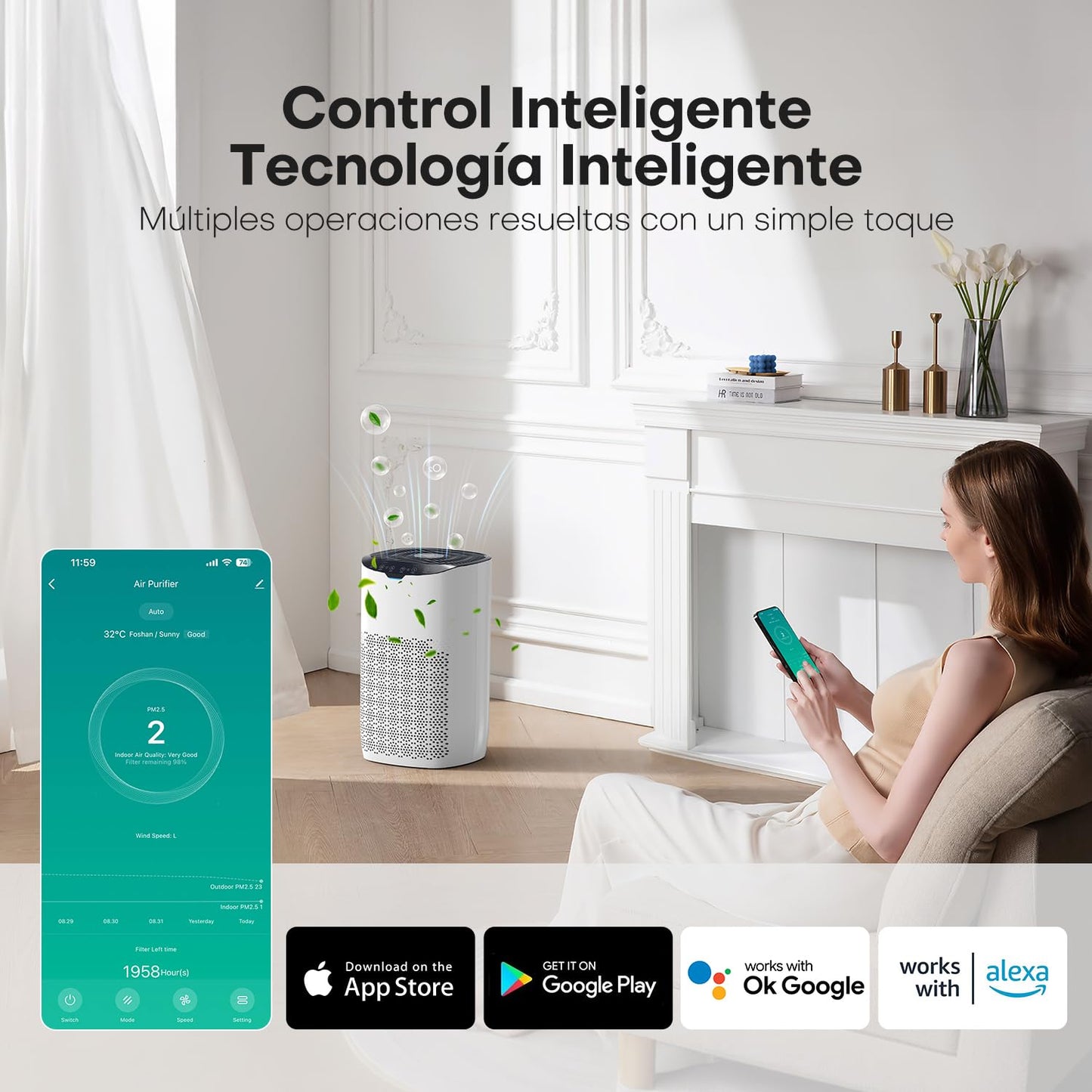 GOAMGE Purificador de Aire para Hogar de 120 ㎡, CADR 300 m³/h, APP Control, Control por Voz, Indicador de Calidad del Aire y Auto Modo, Previene el Polen, el Polvo y el Pelo de Mascotas