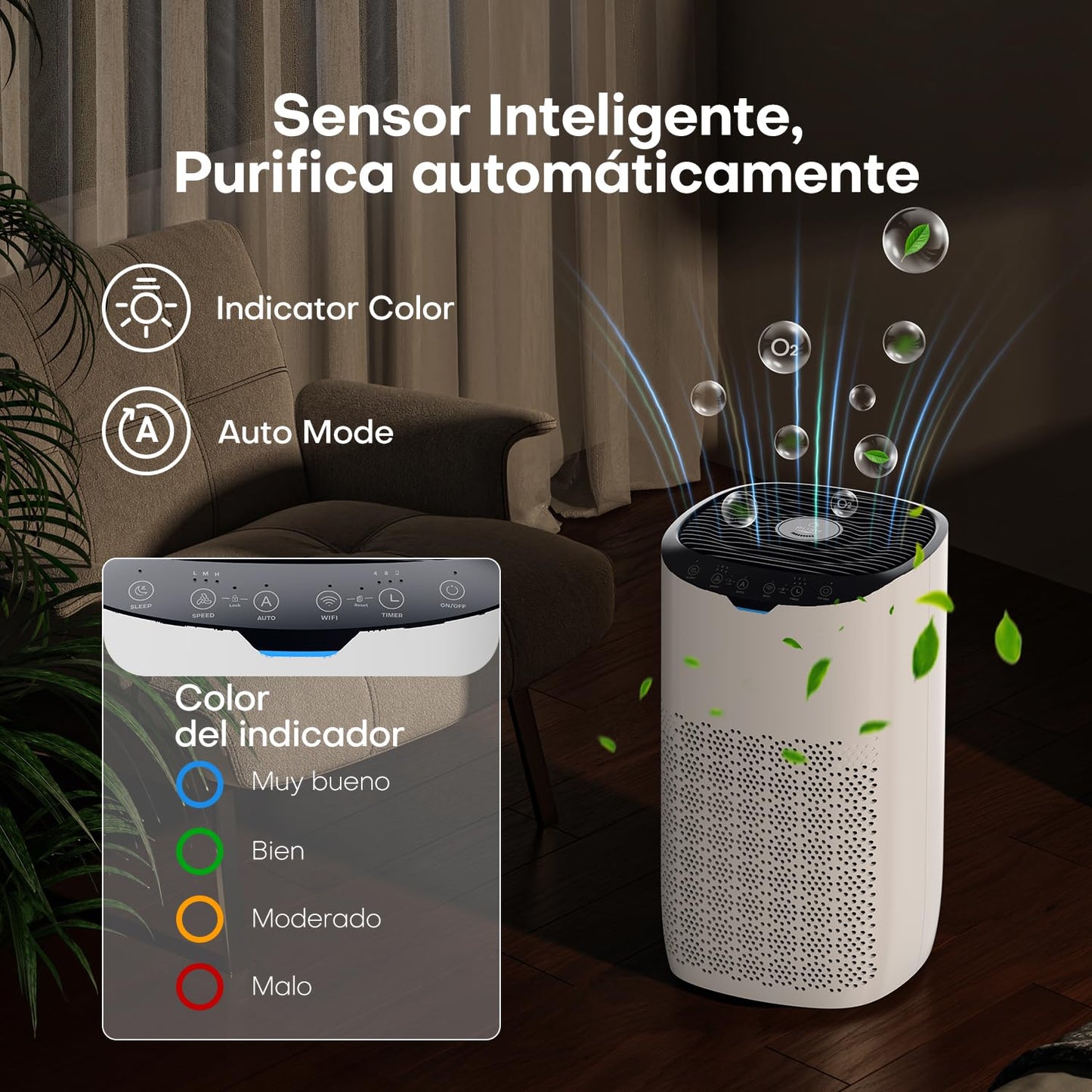 GOAMGE Purificador de Aire para Hogar de 120 ㎡, CADR 300 m³/h, APP Control, Control por Voz, Indicador de Calidad del Aire y Auto Modo, Previene el Polen, el Polvo y el Pelo de Mascotas