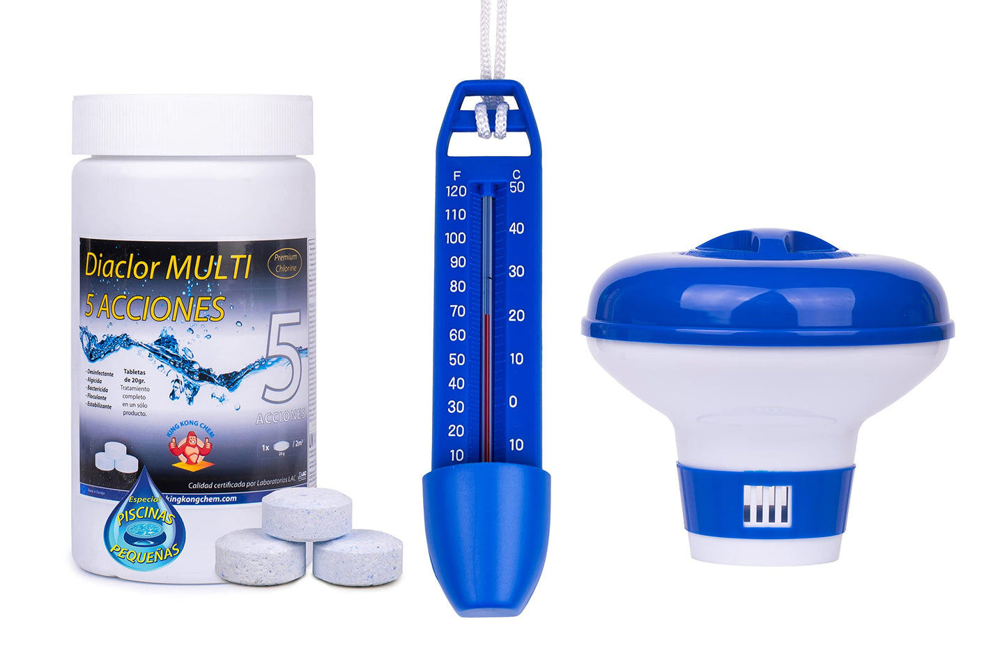 Kit Cloro Piscinas Pequeñas DIACLOR Multi 5 ACCIONES 1 KG (Pastillas 20 GR) SIN Cobre + DOSIFICADOR + TERMÓMETRO