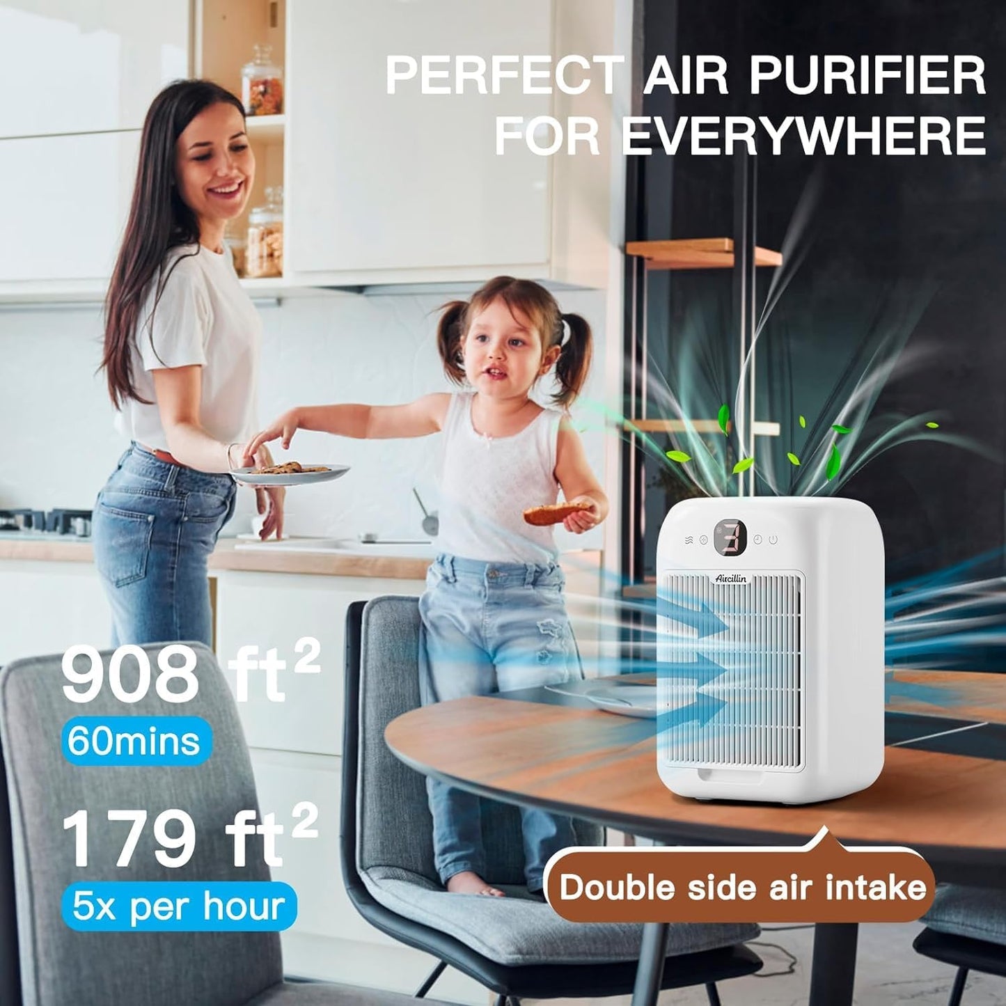 Aircillin Purificador de aire Para alérgicos, CADR 180 m3/h, Filtro HEPA Elimina 99,97% de Alergia Polen Olor y Caspa de Mascota, con Aromaterapia, 25dB, Temporizador