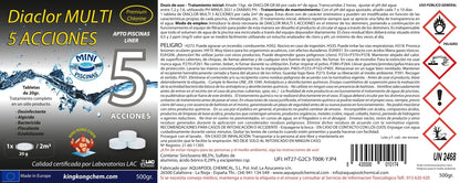 Kit Cloro Piscinas Pequeñas DIACLOR Multi 5 ACCIONES 500 GR (Pastillas 20 GR) SIN Cobre + Antialgas DIAQUAT SPA 500 ML + DOSIFICADOR