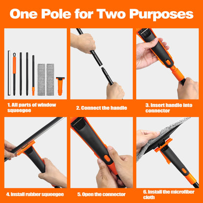 JEHONN Limpia Cristales Profesional Extensible Ventanas con152cm Limpiacristales Telescopico,2Paños de Microfibra para Exteriores Altas Vidrio Ducha Espejo Limpiar Cristal,Automóviles,Negro Y Naranja