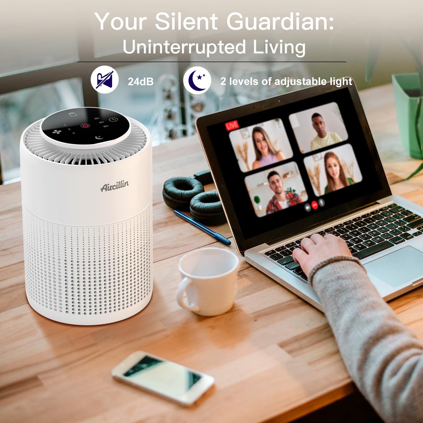 Aircillin Purificador de Aire con Filtro HEPA, Air Purifier Cubre Hasta 765Sq Ft, Elimina 99,97% de Alergia Polen Olor y Caspa de Mascota, humo, 23dB, Temporizador, Luz nocturna