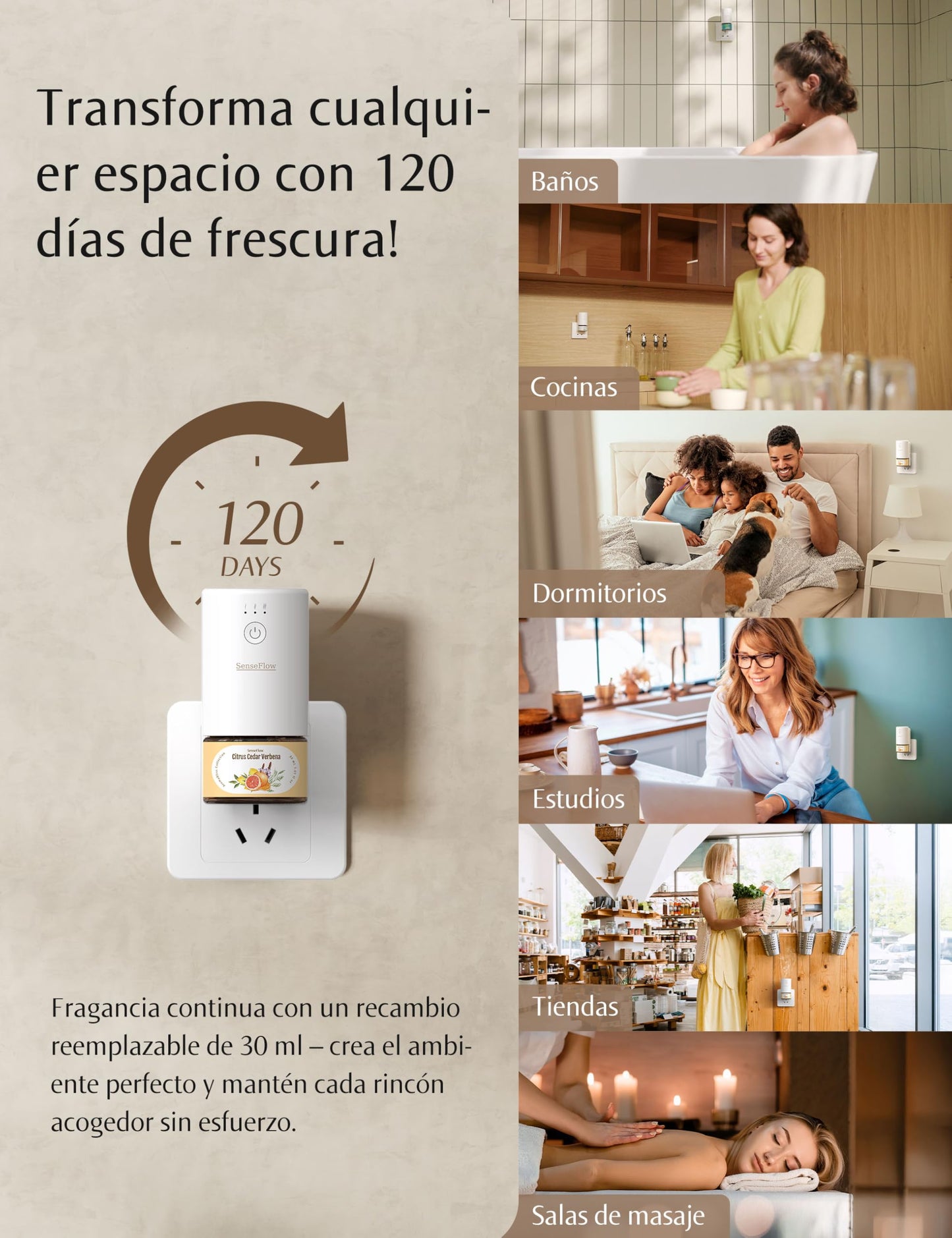 SenseFlow Difusor Aceites Esenciales Difusor de Aromas Smart Wi-Fi SF101S -Ultrasónico Sin Agua, 100 % Vegetal, Aromaterapia120 Días, para Hogar, Hotel y Estudio hasta 100 ㎡ - Sándalo Australiano