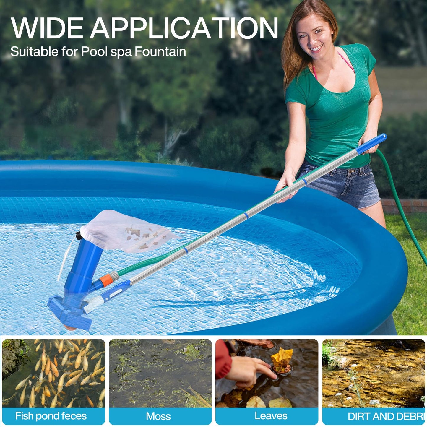 ZQEJEFD Aspirador de Piscina, Aspiradoras de Mano para Piscinas con 4 Postes de Aluminio Extraíbles y Skimmers para Piscinas, Kit de Limpieza Piscina para Bañera de Hidromasaje de Fuente de Piscina