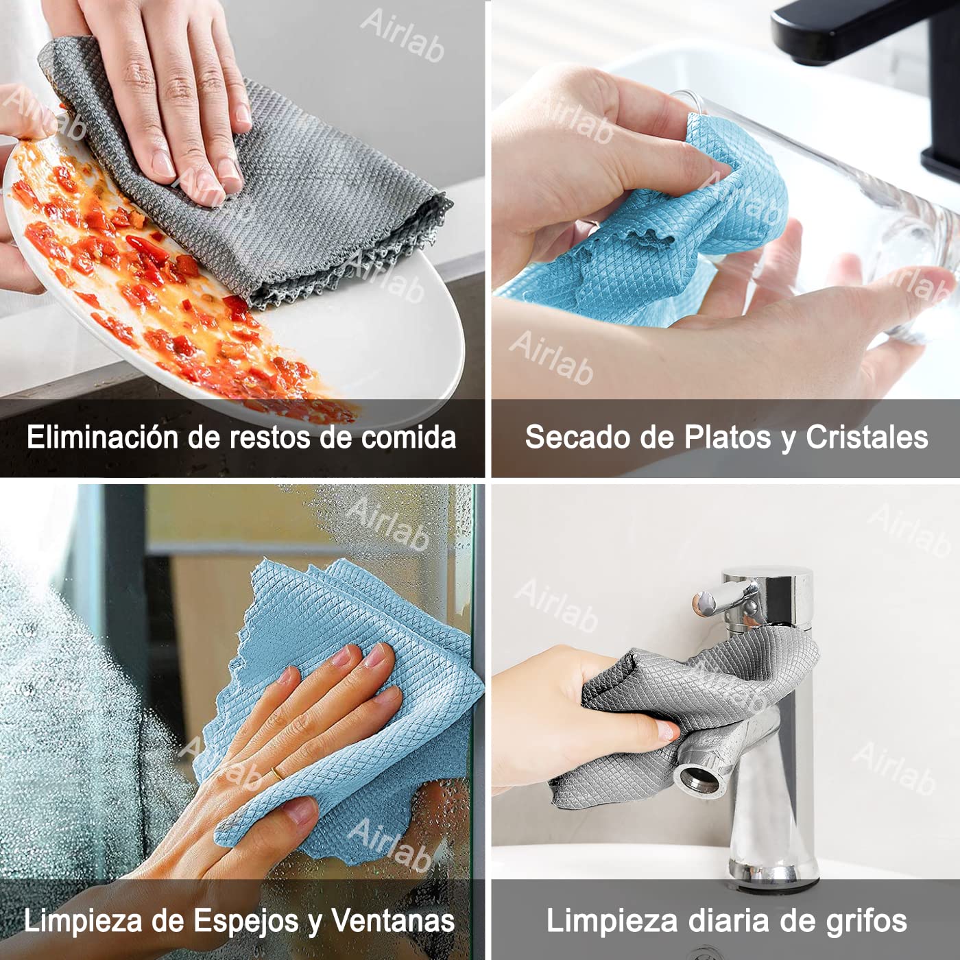Airlab 8X Nano Paños de Limpieza Magico, Bayetas de Microfibras para Cristales sin Rayas, Trapo Balletas para Cocina Coches Automóviles Ventanas Vidrios Espejos Grifos Baño, 40 x 30 cm