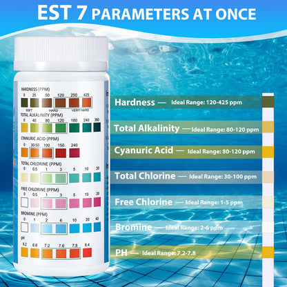 Accevo 7 en 1 Tiras de Prueba para Piscina y Spa, Kit de Prueba para 100 Piscinas, Tiras de Prueba para pH, Cloro Total, Alcalinidad Total, Dureza, Cloro Libre, Bromo, Acido Cianurico