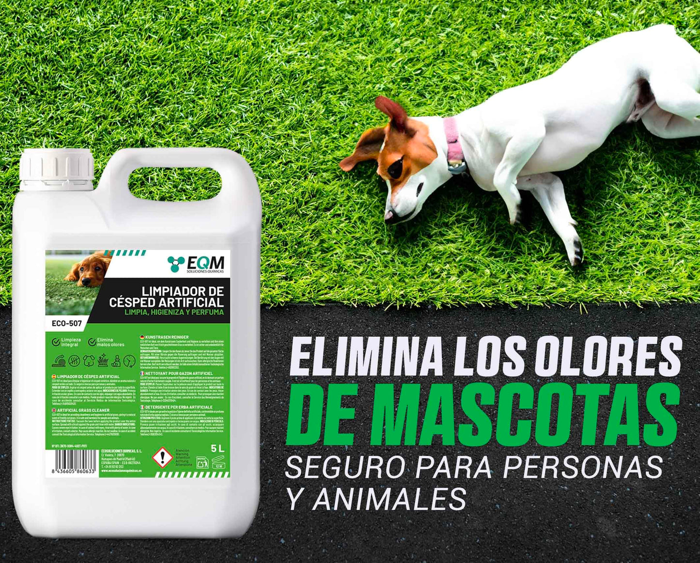 EQM - ECO-507 - Limpiador e Higienizante de Césped Artificial - 5L - Limpia, Higieniza y Perfuma - Formato ahorro, larga duración - No tóxico