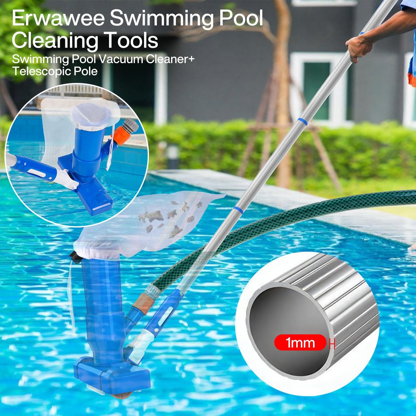 ZQEJEFD Aspirador de Piscina, Aspiradoras de Mano para Piscinas con 4 Postes de Aluminio Extraíbles y Skimmers para Piscinas, Kit de Limpieza Piscina para Bañera de Hidromasaje de Fuente de Piscina