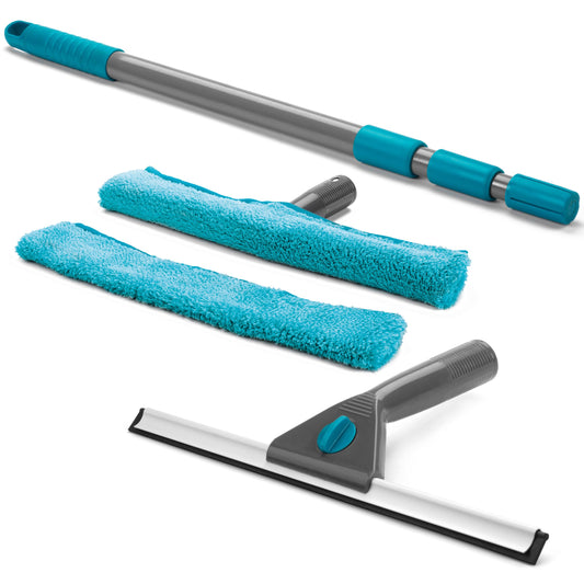 Beldray LA028693TQ Limpiacristales Y Mojador Para Ventanas Con Mango Telescópico De 130 cm, Incluye Almohadillas De Microfibra,Conjunto De 5 Piezas, Turquesa,Juego de limpieza de ventanas de 5 piezas