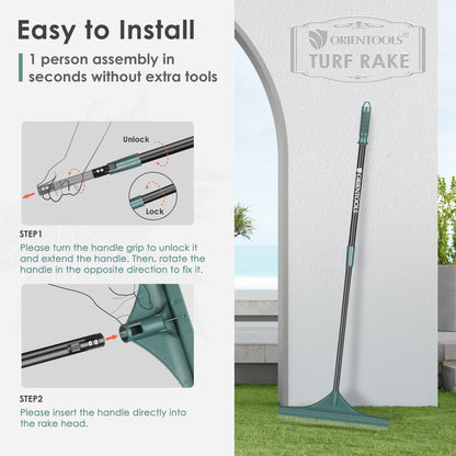 ORIENTOOLS Rastrillo de Césped Artificial con Mango de Acero Ajustable 80-132 cm Cepillo de Césped Artificial con Cabezal de Plástico con Cepillo PA Escoba de Césped para Jardín