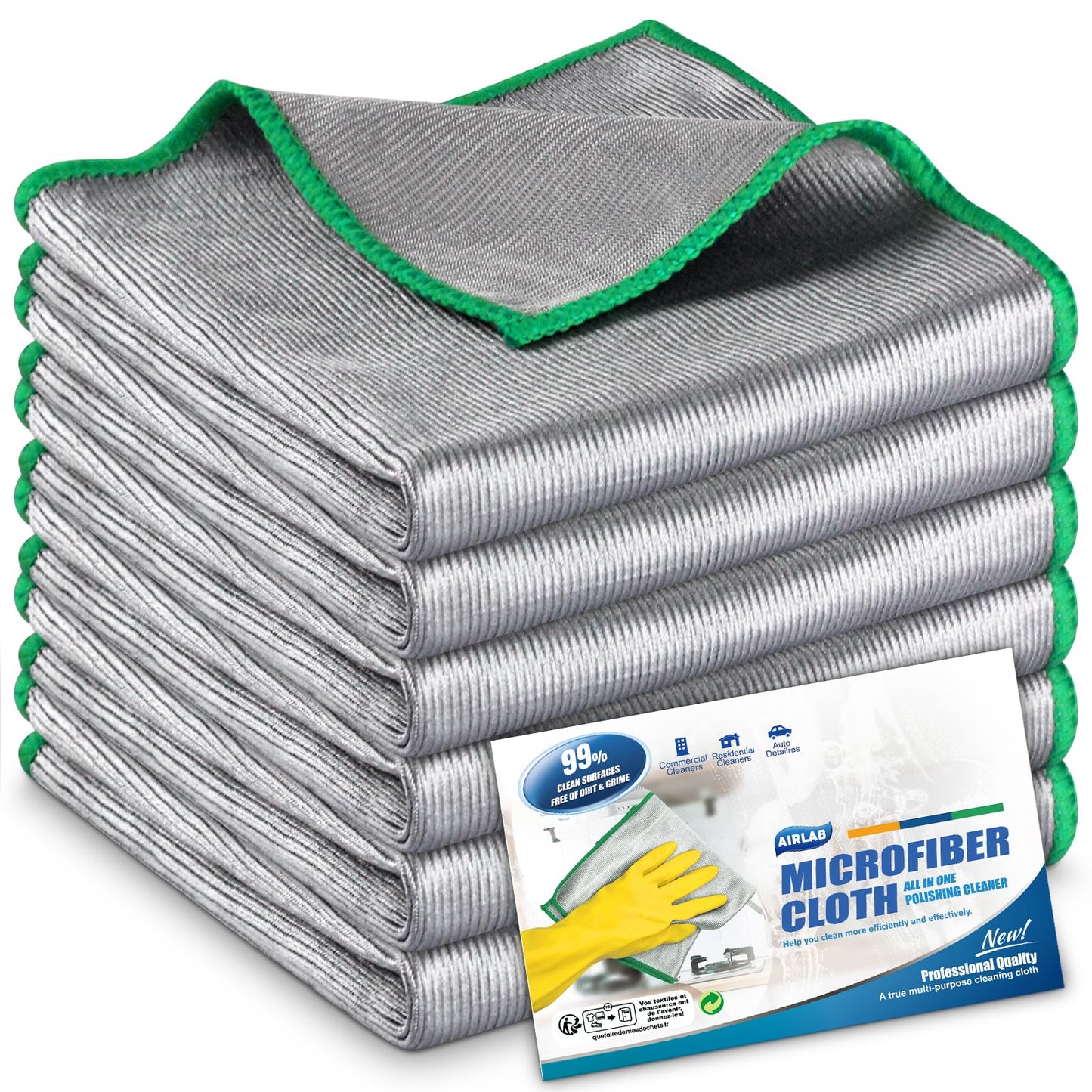 Airlab 6X Bayetas Microfibra para Cristales Sin Pelusa, Paño de Limpieza Magico, Balletas para Ventanas Gafas Espejos Vidrios y Cámaras, Trapos de Cocina Platos, 30x30 cm, Gris y Verde