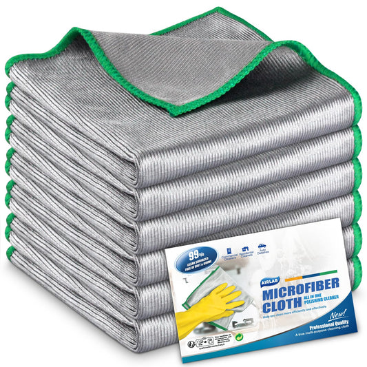 Airlab 6X Bayetas Microfibra para Cristales Sin Pelusa, Paño de Limpieza Magico, Balletas para Ventanas Gafas Espejos Vidrios y Cámaras, Trapos de Cocina Platos, 30x30 cm, Gris y Verde