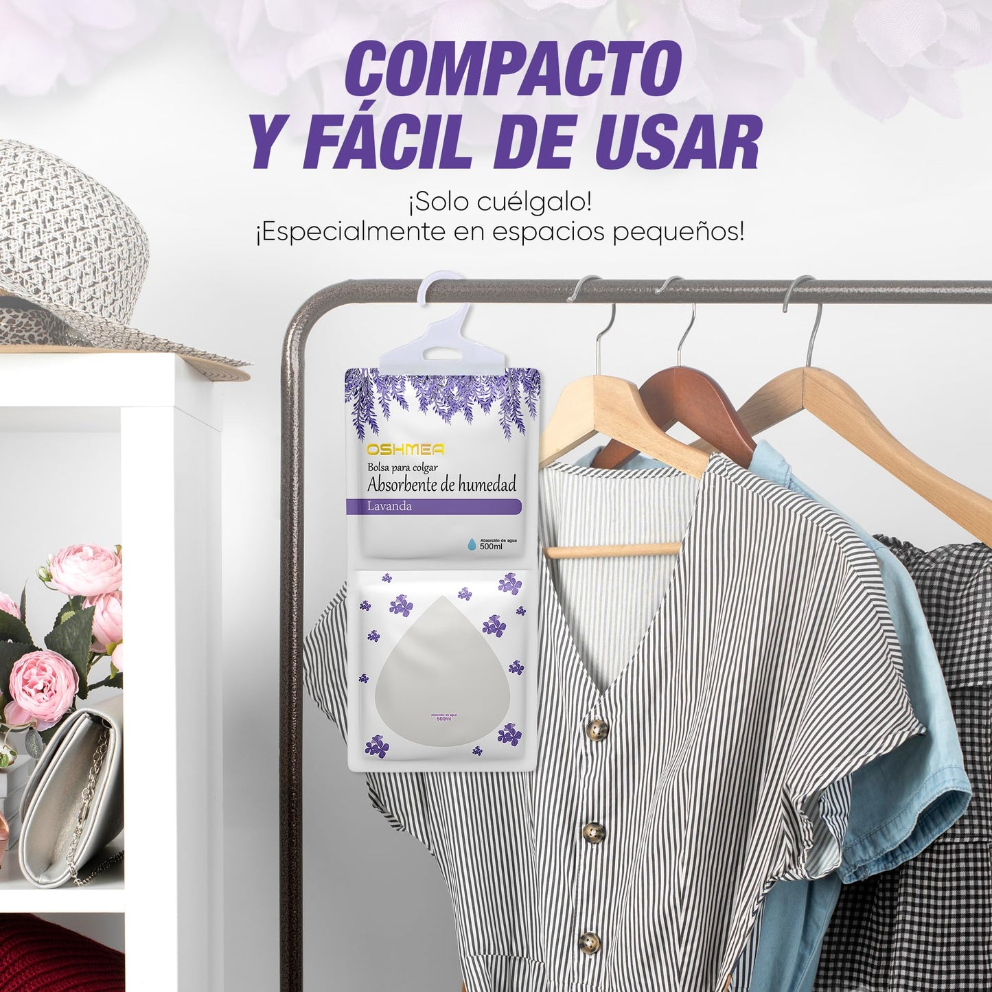 OSHMEA® Pack 10 Bolsas Antihumedad PREMIUM 230g Función 2 en 1 Deshumidificador Armarios y Ambientador de Lavanda | Bolsas Deshumidificadoras Percha Colgante | Elimina Humedad en Ropa, Armarios, Baños