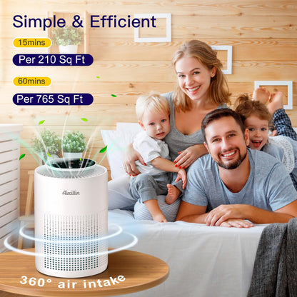 Aircillin Purificador de Aire con Filtro HEPA, Air Purifier Cubre Hasta 765Sq Ft, Elimina 99,97% de Alergia Polen Olor y Caspa de Mascota, humo, 23dB, Temporizador, Luz nocturna