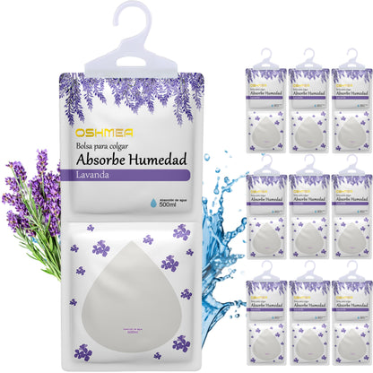 OSHMEA® Pack 10 Bolsas Antihumedad PREMIUM 230g Función 2 en 1 Deshumidificador Armarios y Ambientador de Lavanda | Bolsas Deshumidificadoras Percha Colgante | Elimina Humedad en Ropa, Armarios, Baños