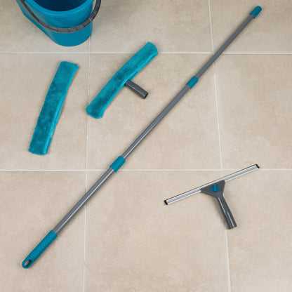 Beldray LA028693TQ Limpiacristales Y Mojador Para Ventanas Con Mango Telescópico De 130 cm, Incluye Almohadillas De Microfibra,Conjunto De 5 Piezas, Turquesa,Juego de limpieza de ventanas de 5 piezas