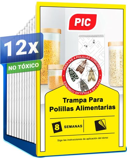 PIC Trampa Polillas Alimentos - 12x Trampas para Polillas de la Comida - Antipolillas Cocina Alimentos - Trampas Adhesivas Eficaces para Determinar la Infestación de Polillas de la Comida
