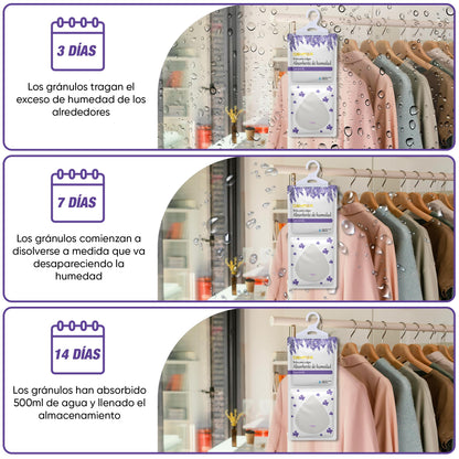 OSHMEA® Pack 10 Bolsas Antihumedad PREMIUM 230g Función 2 en 1 Deshumidificador Armarios y Ambientador de Lavanda | Bolsas Deshumidificadoras Percha Colgante | Elimina Humedad en Ropa, Armarios, Baños