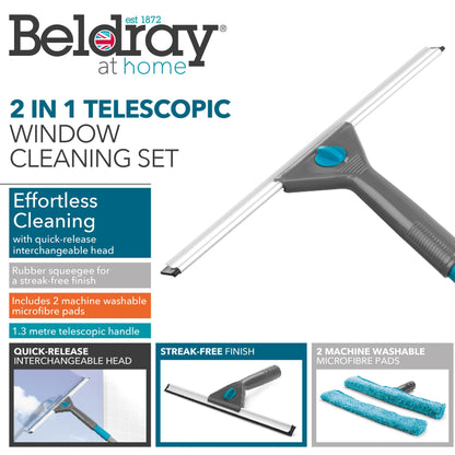 Beldray LA028693TQ Limpiacristales Y Mojador Para Ventanas Con Mango Telescópico De 130 cm, Incluye Almohadillas De Microfibra,Conjunto De 5 Piezas, Turquesa,Juego de limpieza de ventanas de 5 piezas