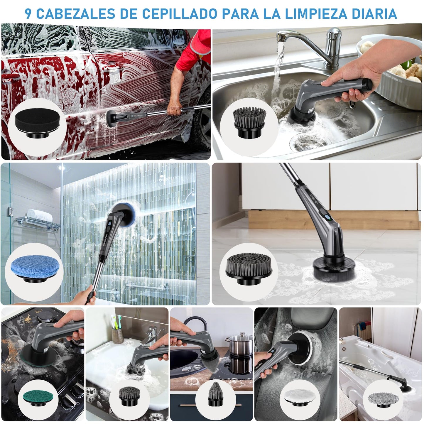 Cepillo de Limpieza EléCtrico Giratorio 14 en 1, [Pantalla de la Batería] [IPX8 Impermeable] Homtronics Cepillo Eléctrico Limpieza Hogar con 9 Cepillo Reemplazables, Pare Baño