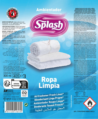 SPLASH | Spray Aromatizador | Ambientador Duradero, Refresca y Elimina Olores | Fragancia Fresca Ropa Limpia | Agitar Antes de Usar | 300 ml